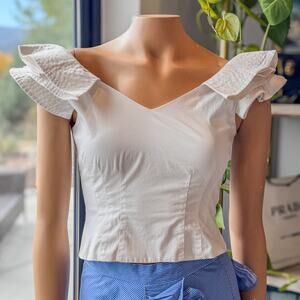 Antonio Melani, White Off Shoulder Top w/ Layered Flutter Sleeve Full Zip Back-2